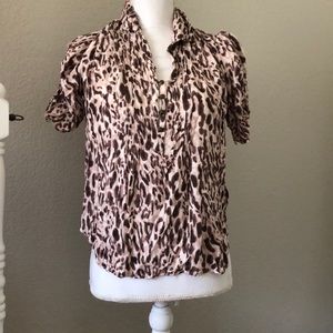 Leopard print button up short sleeve blouse